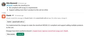 Bilden visar ett exempel på en bakgrundsagent som startas i Slack.